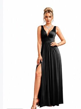 NWT Edit By Nine Black V-Neck Sleeveless Maxi with Slit Dress